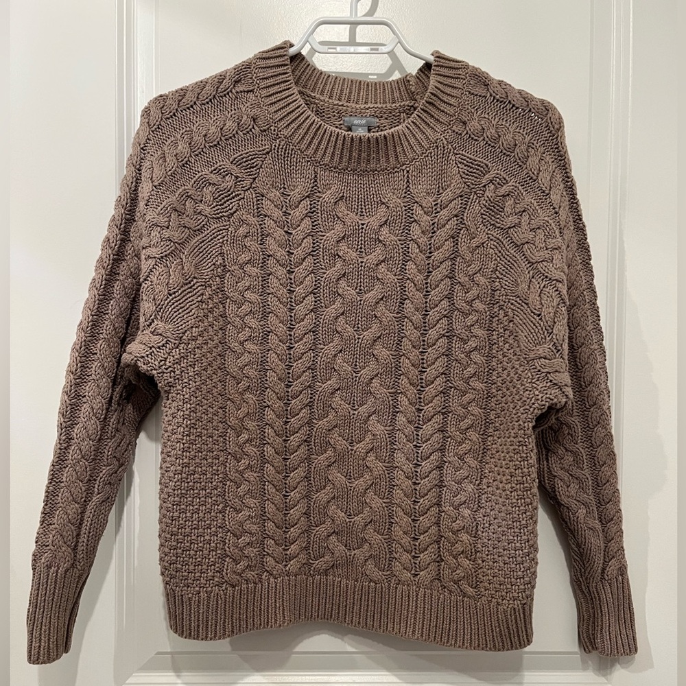 6/$32🛍️ Aerie | Taupe Cable Knit Crewneck Sweater, XS
